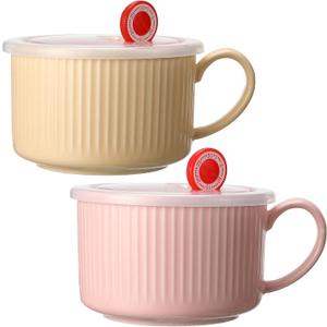 Nuenen 2 Pcs Soup Bowls with Lids and Handles 30 oz Microwave Safe Ceramic Soup Mug Microwavable Ramen Containers with Lids Large Colorful Cups for Noodle Cereal kitchen(Pink, Yellow)
