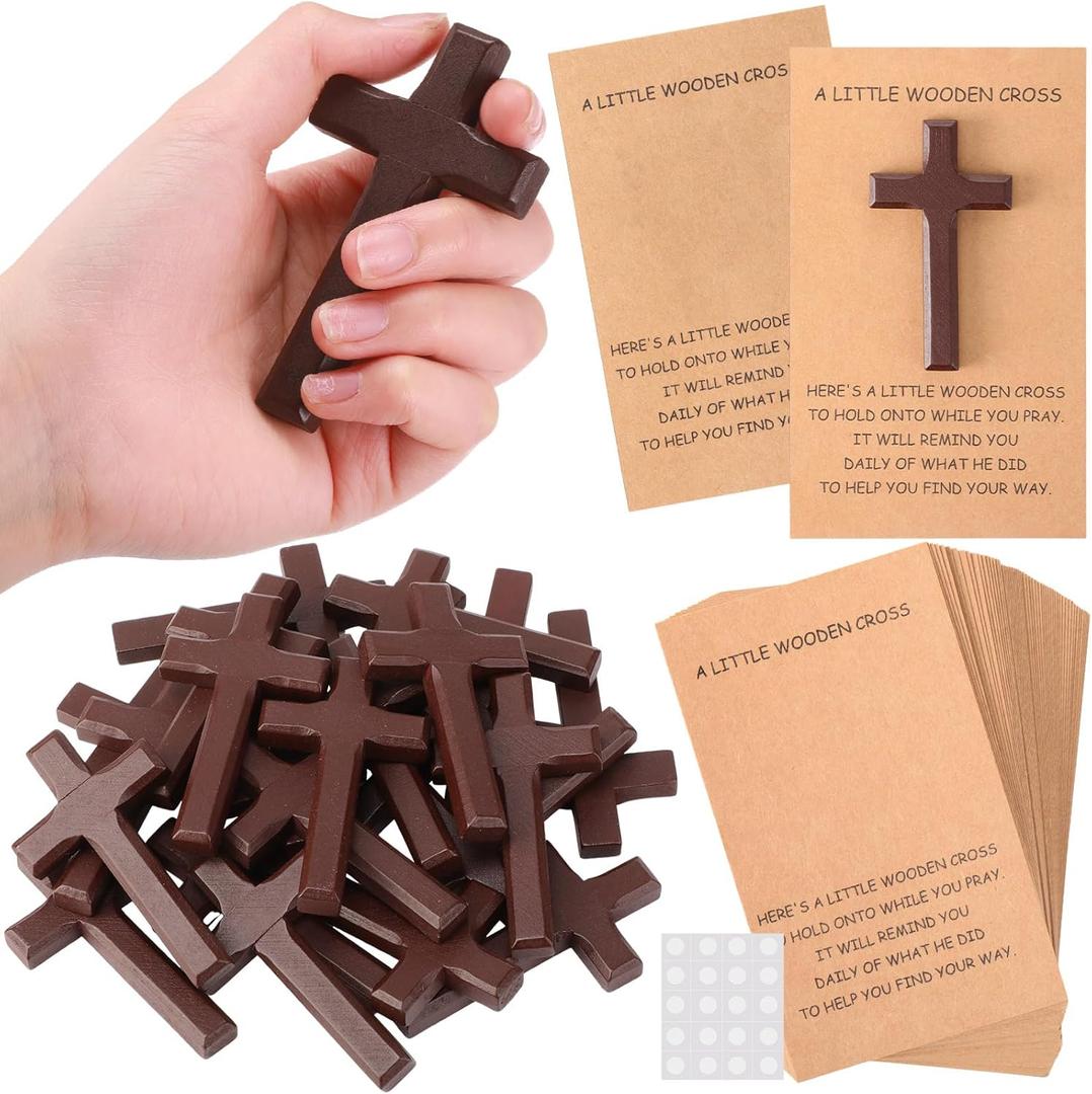 Bucherry 48 Sets Large Pocket Hug Token Bulk Wooden Hand Cross with Hug Greeting Cards, Comfort Holding Wooden Cross Keepsake Exchange Relationship Gift for Friend Colleagues Family Christians Church