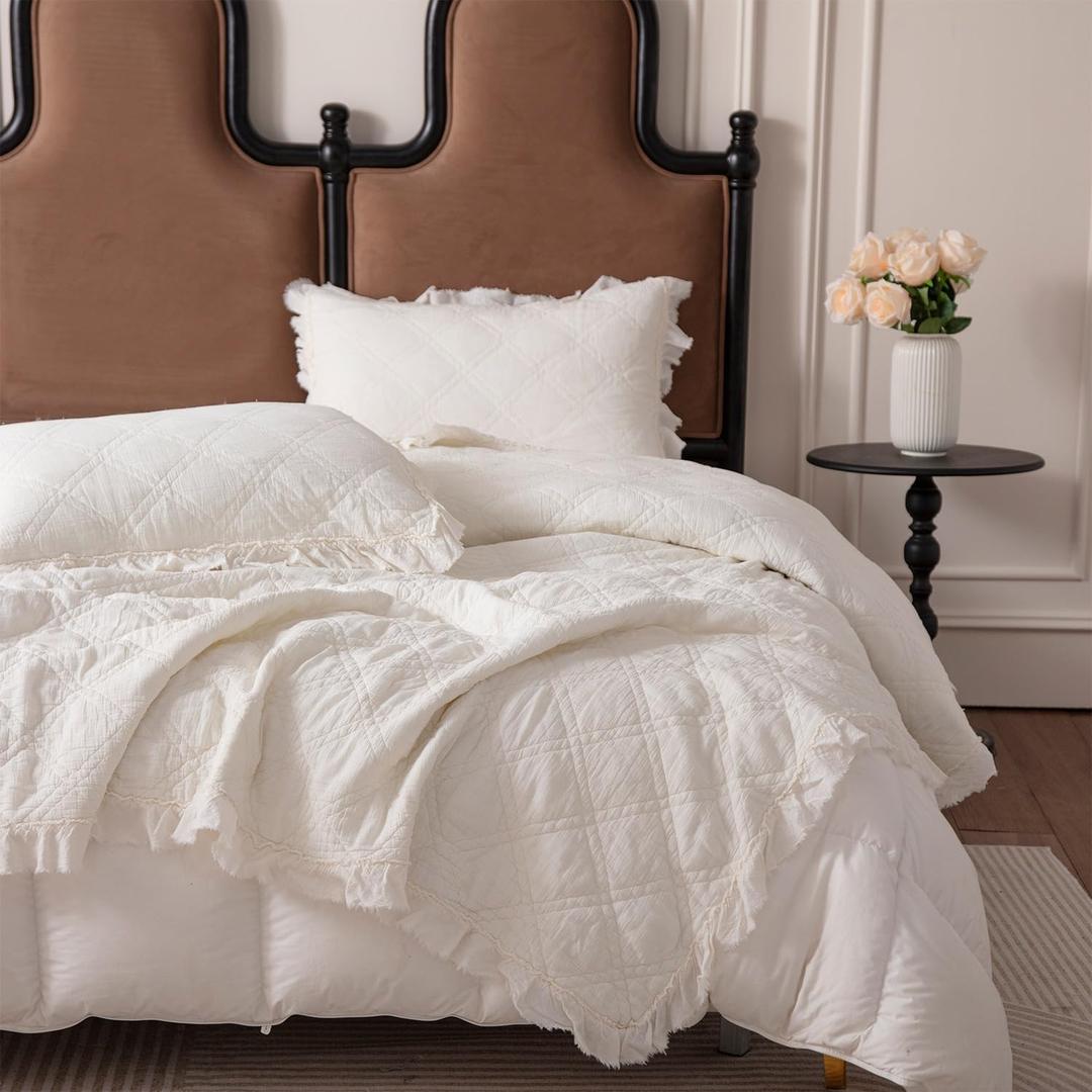 BOV Quilts Queen Size - Stonewashed Fringed Edges Cotton Quilt Queen Quilt Bedding Set with 2 Pillow Shams, Quilted Cotton Bedspread Coverlet Full Size Comforter Sets for All Season, White 96"X92"