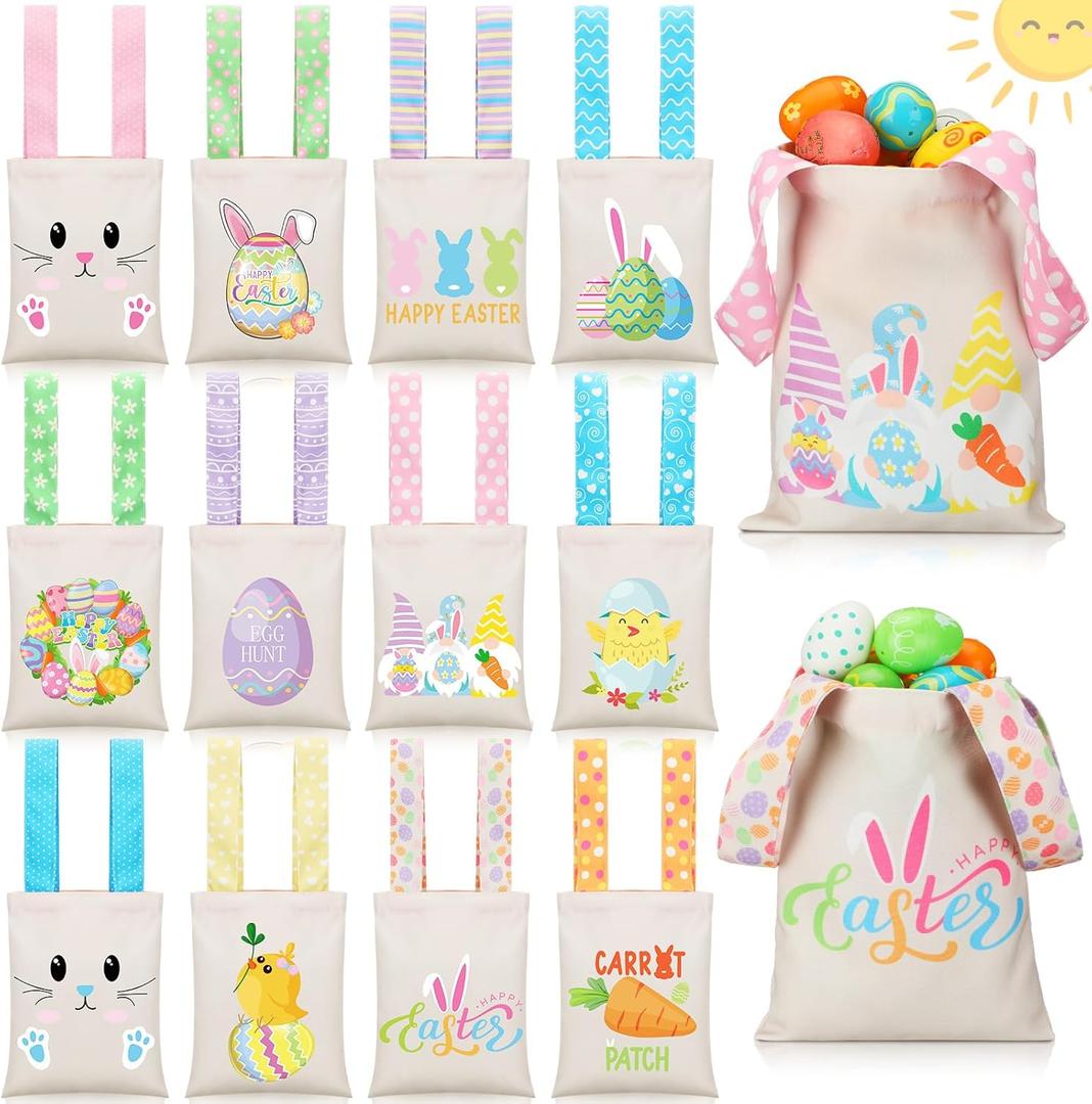 Cosblank 12 Pcs Easter Reusable Canvas Gift Bags with Handles 10''x 8'' Easter Tote Bags Egg Hunt Candy Treat Party Favor(Bunny Egg)
