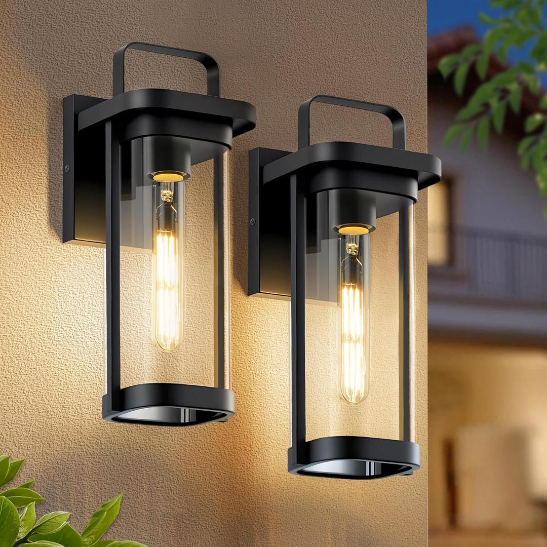 LETRY 2-Pack Outdoor Wall Lights, Porch Lights, Waterproof Outdoor Wall Sconce Lanterns, Exterior Lighting Fixtures Matte Black with Clear Glass Shade for House Patio Garage Doorway Entryway (11in)