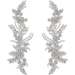 FINGERINSPIRE 1 Pair Rhinestones Lace Applique, 13x4.3x0.2 Inch White Handmade Floral Embroidery Beaded Lace Rhinestone Patch Sewing Beaded Applique for DIY Clothing and Craft Decoration