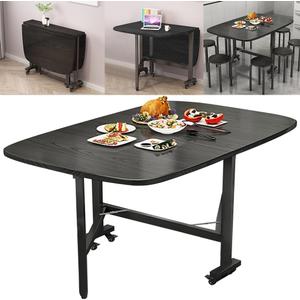 Multifunction Table Drop Leaf Dining Table - 47" Wooden Foldable Kitchen Table with 6 Wheels (Black), 47"x32"x30"H