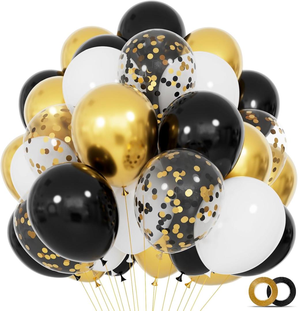 68Pcs Black White Gold Balloons with 12 Inch Black Gold Confetti Balloons for Graduation Birthday Wedding Party Decorations (Heibaijin)