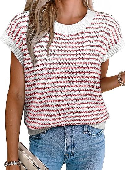 Women's Sweater Vest Striped Pullover Tank Top Round Neck Cap Sleeve Lightweight 2025 Summer Casual Clothes, Size: S