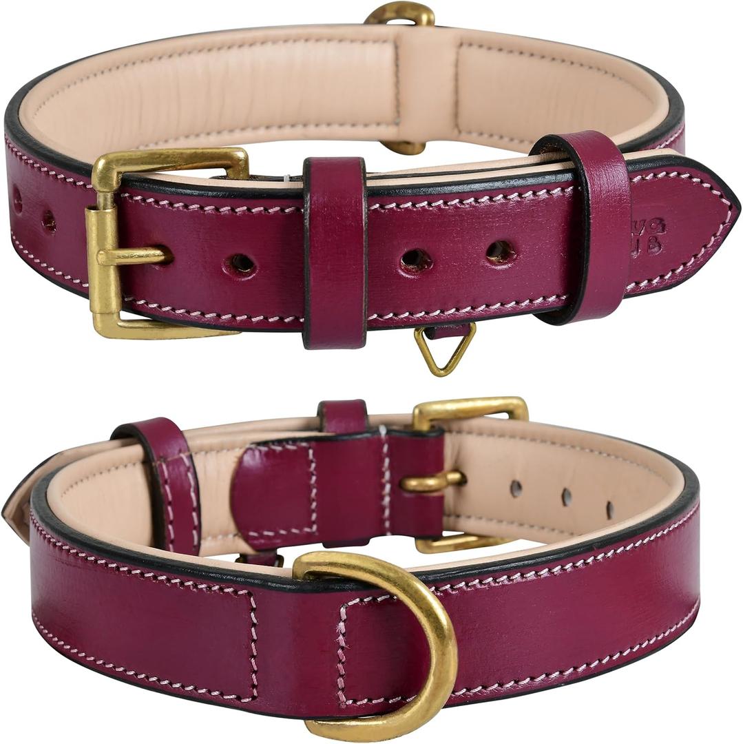 Leather Dog Collar | Leather Collar for Large Dogs, 1.25 Inch Wide Dog Collar Pink | Genuine, Full Grain, Heavy Duty, Comfortable, Soft Padding (Large (Fit Neck Size 18.5"-22.5"), Dark Pink)