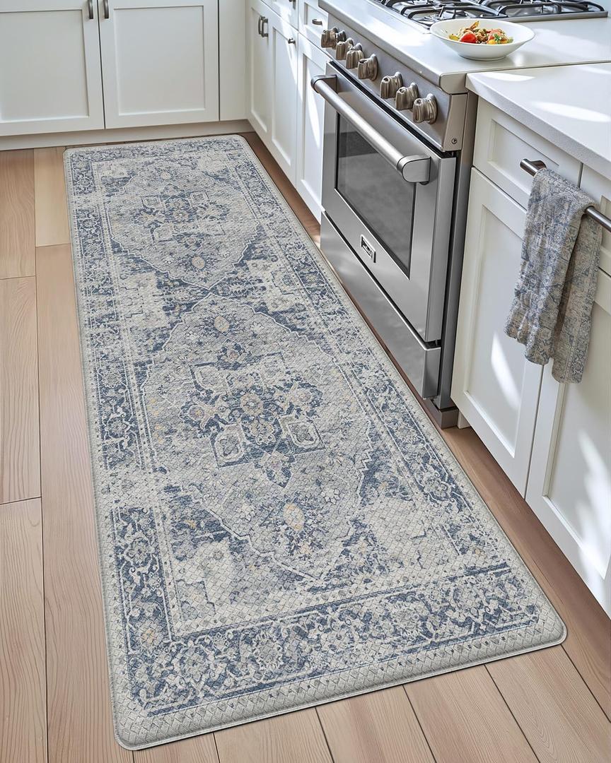 DEXI Kitchen Floor Mats Anti Fatigue, 17x59 Cushioned Vintage Runner Rug Waterproof, Standing Comfort Memory Foam Padded for Front Sink Laundry Office, Light Grey and Blue
