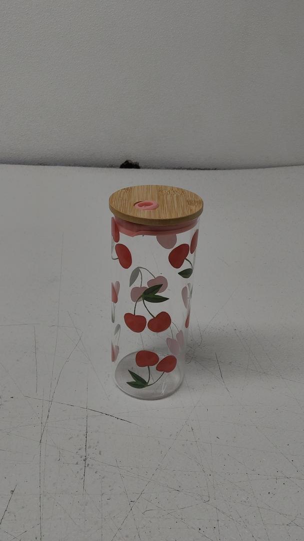 Creative Brands Bella Mon Cheri Red Cherry Pattern 20 ounce Glass Bamboo Drinking Smoothing Travel Tumbler with Straw
