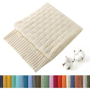 TREELY 100% Cotton Knitted Throw Blanket Couch Cover Blanket(31 x 40 Inches, Ivory White)