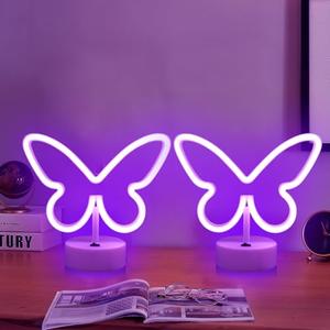 Butterfly Neon Sign, 2Pack Led Lights Purple Room Decor for Girls Bedroom, USB/Battery Operated Purple Lamp for Party, Birthday, Wedding, Holiday, Living Room, Bar, Bedroom, Indoor,Valentine Gifts