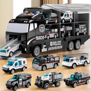 NIPLOOOW Toddler Boys Toys for 3 4 5 6 Years Old, Police Truck Vehicle Toy Set with Play Mat and Die-Cast Toy Car, Transport Carrier Truck for Kids, Birthday Gifts Toys for 3 4 5 6 7 8+ Year Old Boys