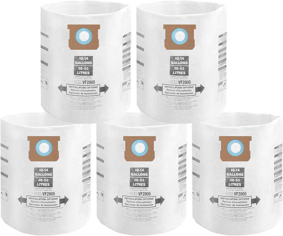 for Shop Vac Bags 10-14 Gallon, Type F 90662 9066200 9066233; Type I 90672 9067200 9067233; VF2005, High Efficiency Disposable Fine Dust Collection Vacuum Filter Bags (5 Pack)