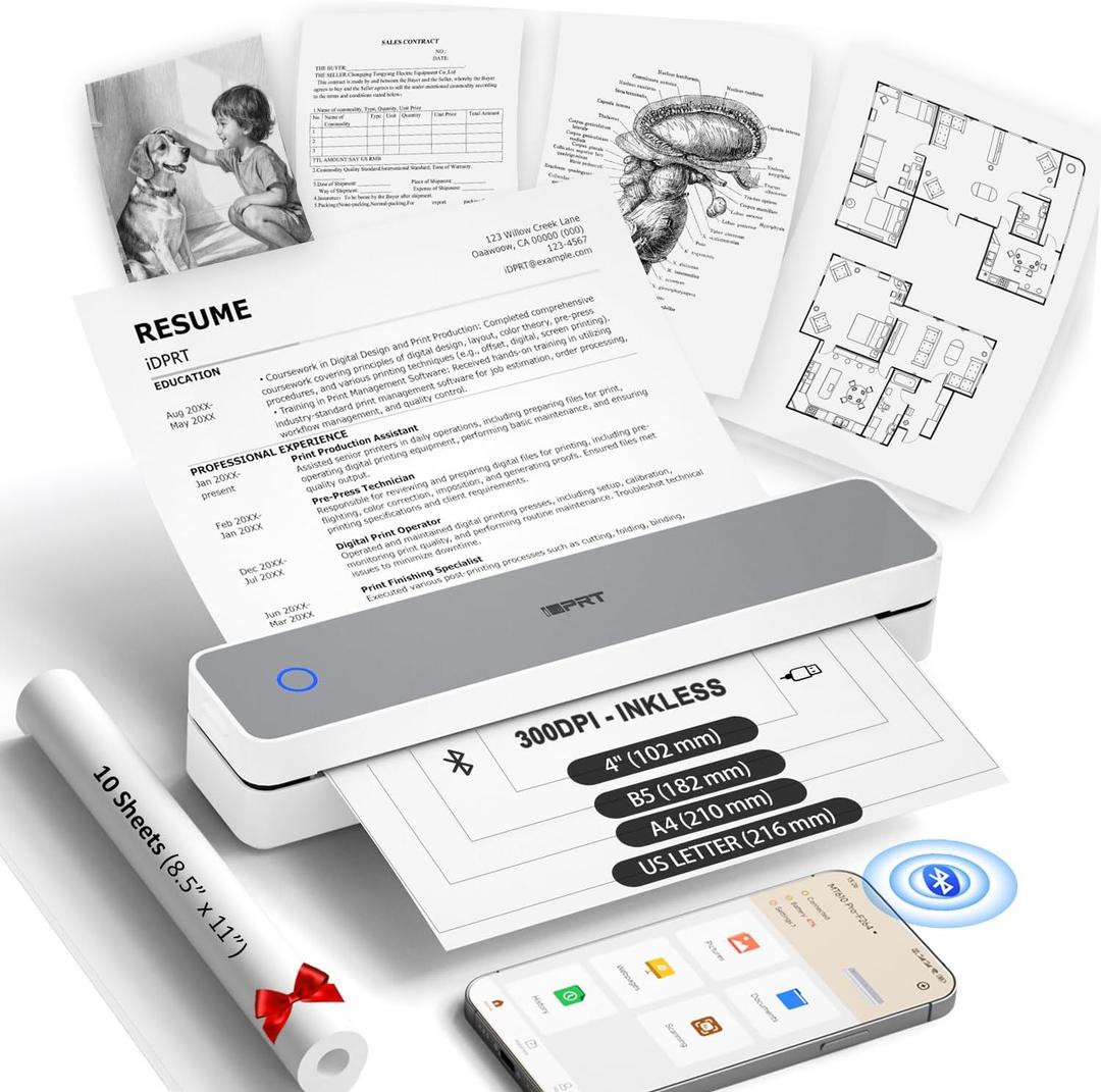 Inkless Portable Printer for Travel, 300DPI Wireless Thermal Printer Support 8.5" x 11" US Letter, A4, MT610Pro Small Bluetooth Printers Compatible with iOS, Android Laptop for Home Office Car, Grey