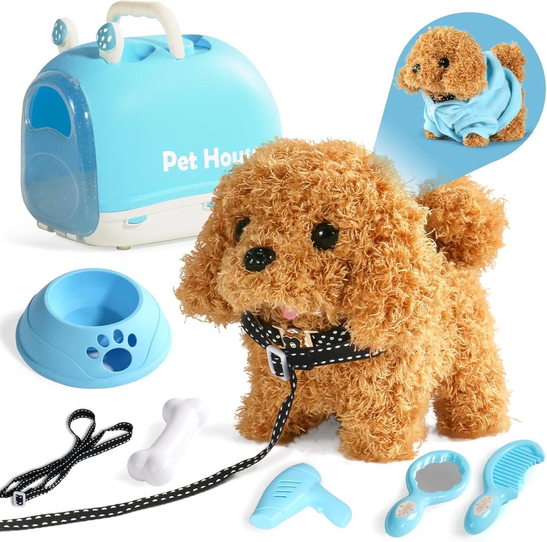 Walking Dog Toy for Kids with Leash, Realistic Toys for Girls Boys Toddler Toys, Barking Wagging Tail Interactive Dog Plush with Cute Cloak,Puppy Pet Care Gifts for Girls 3 4 5 Year Old Boys (Small, Blue)