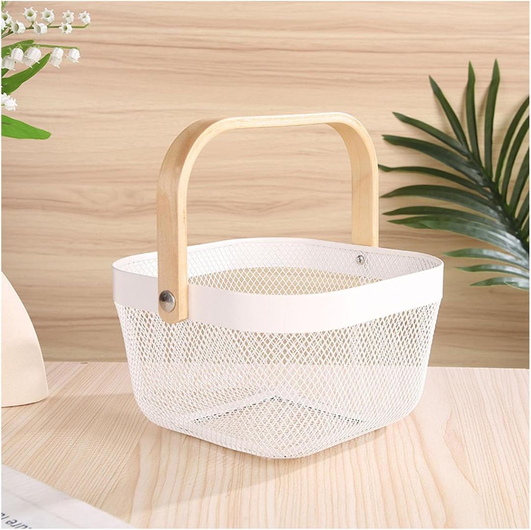 Metal Mesh Wire Basket, Mini Steel Basket with Wooden Handle Storage Organizer Basket Multi-functional Hanging Kitchen Baskets Fruit Baskets for Kitchen Bathroom Cabinet Pantry Snacks, White