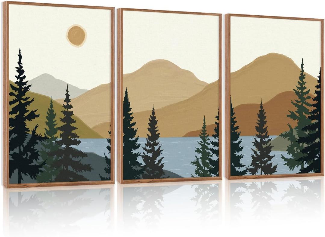 TOARTi Framed Canvas Mountain Lake Landscape Wall Art Set (16''x24''), Abstract Nature Scenery Painting Artwork Prints, Woodland Pine Tree Sunset Sunrise Cabin Wall Decor for Home Bedroom Living Room (Tan Beige)