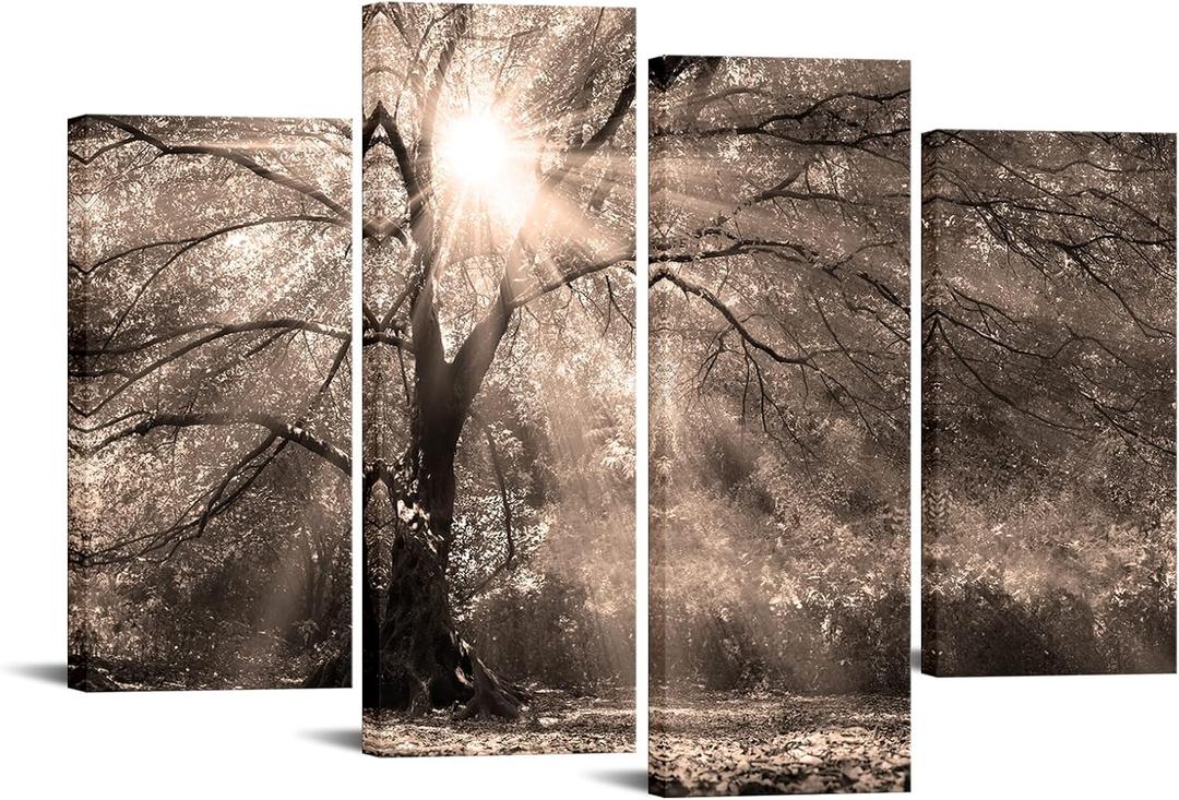 LevvArts 4 Piece Big Tree Sunshine Wall Art Canvas Nature Forest Landscape Picture Painting Vintage Sepia Photo Prints Artwork for Home Living Room Office Decor