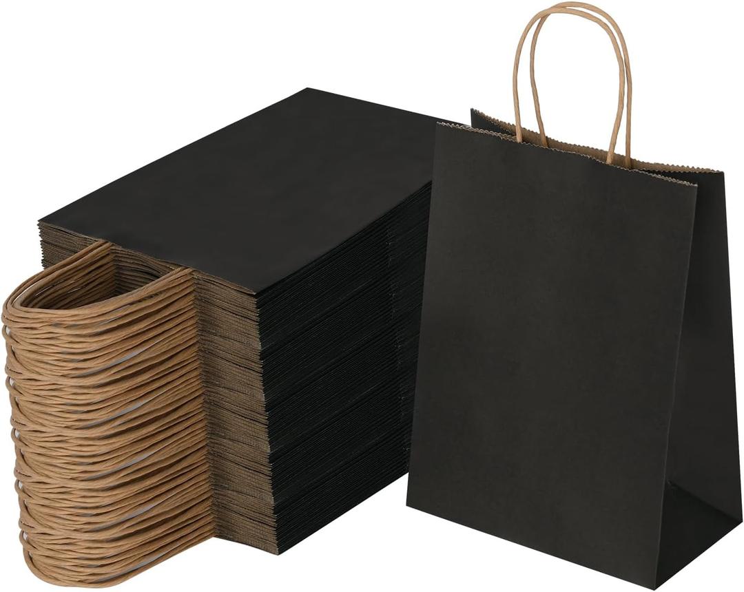 Joybe 100 Pack 6x3.25x8 Inch Small Black Paper Bags with Handles Bulk, Kraft Paper Gift Bags for Birthday Party Favors Grocery Retail Shopping Business Goody Merchandise Craft Blank Sacks (100pcs)