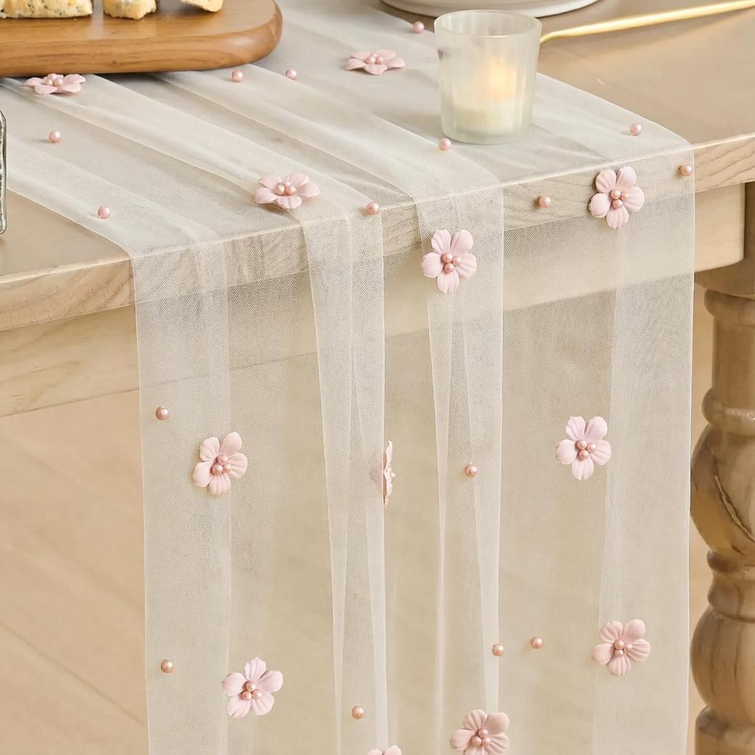 Artoid Mode Pink Flower Pearl White Gauze Table Runner 10FT, Seasonal Sheer Dining Holiday Wedding Birthday Baby Shower Table Decor for Home Party