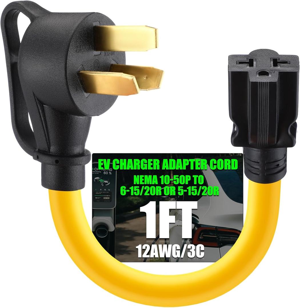 Tellegloww 50 Amp to 20 Amp Stove Oven to EV Charger Adapter Compatible with NEMA 10-50P to 5-15/20R or 6-15/20R, 30Amp 3 Prong Stove Oven Plug 10-50Pto5-15/20R or 6-15/20R T-Blade for EV Charging