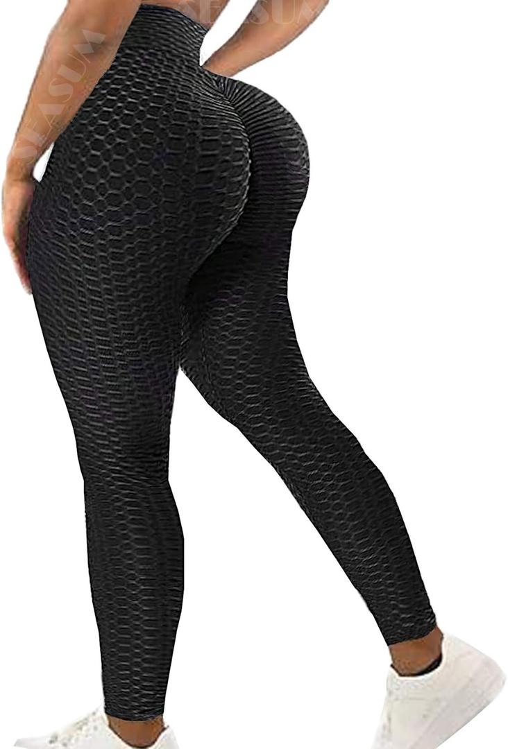 SEASUM Women High Waisted Workout Yoga Pants Butt Lifting Scrunch Booty Leggings Tummy Control Anti Cellulite Textured Tights (Large, #1 Black)