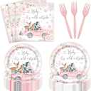 96Pcs Winter Woodland Baby Shower Party Supplies Forest Animals Baby It's Cold Outside Pink Party Plates Napkins Decoration for Girl Disposable Paper Tableware for 24 Guests