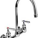 KWODE Wall Mount Faucet 8 Inch Center Commercial Kitchen Sink Faucet with 6" Gooseneck Swivel Spout 2 Handles Control Brass Contructed Chrome Finish