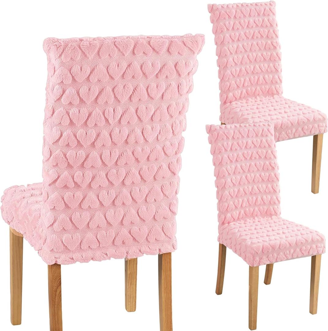 VitalCozy Pink Heart Dining Chair Covers Set of 2 Valentine's Day Chair Covers Cute Faux Fur Soft Heart Seat Slip Covers for Dorm Home Bedroom Valentines Day Gifts Wedding Party Decor