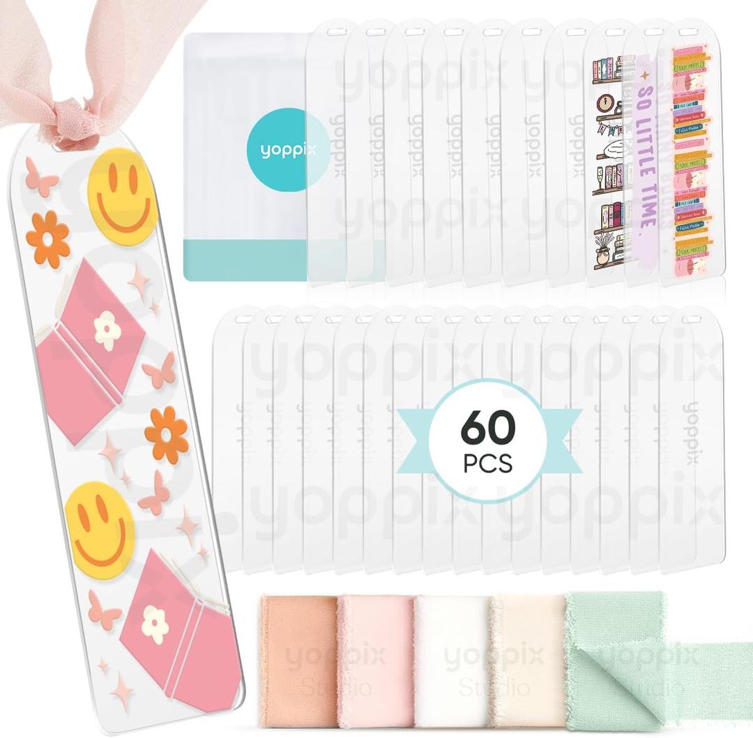 YOPPIX 60 Pieces Acrylic Bookmark Blanks- 6x2Acrylic Bookmarks with 60 Pcs Ribbon for Reading Lovers DIY Crafts Hanging Tag Gifts Tag Price Tags, Graduation Back to School Gifts(Semicircle)