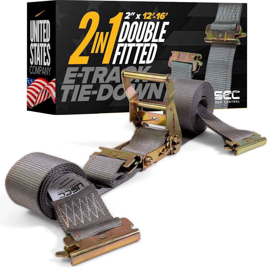 US Cargo Control Double-Fitted E Track Strap 2" x 16', 4,400 LBS Break Strength, Gray Heavy Duty E Track Ratchet Straps with 3 Spring E-Fittings, Versatile 2-in-1 Logistic Tiedowns