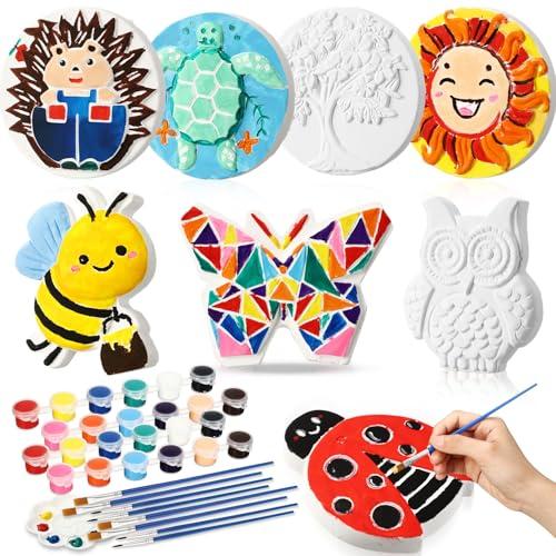 HyDren 8 Pack Paint Your Own Plaster Stones Spring DIY Outdoor Garden Arts and Crafts DIY Stones Painting Kit Supplies with Paint Palette and Brush for Easter Birthday Gifts(Animal)