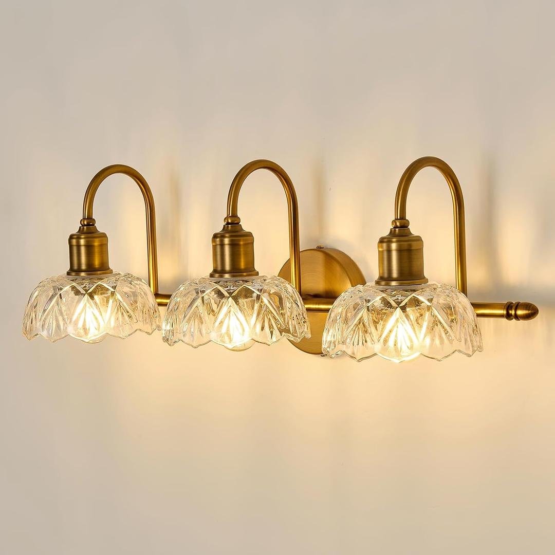 UOFUS Gold Vintage Vanity Light 3 Lights Bathroom Lighting Fixtures Over Mirror with Clear Glass Shade
