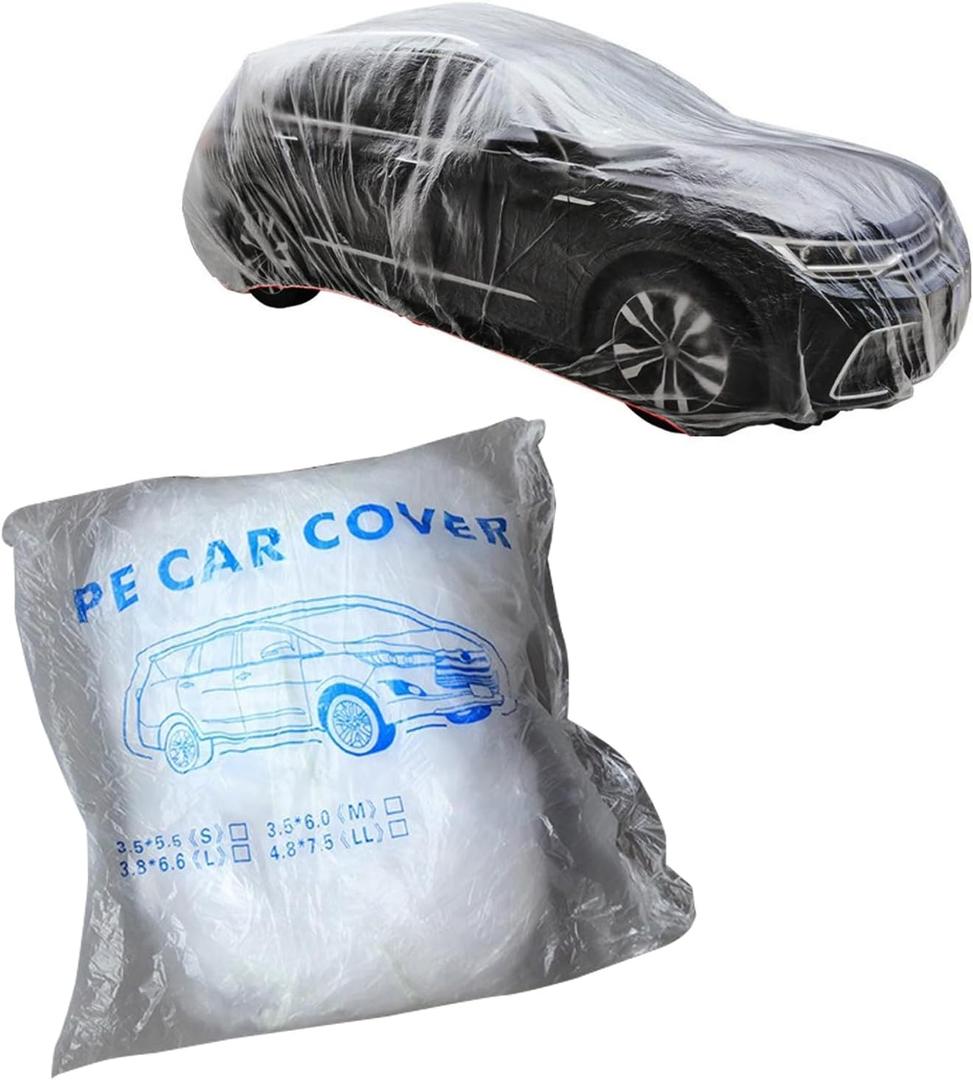 4 PCS Disposable Car Covers, 11.48Ft x 19.69Ft Clear Plastic Car Covers, Rainproof Dustproof Garage Covers with Elastic Band, Universal Protective Accessories for Most Cars (Transparent#M)