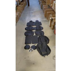  4 seat covers, 4 seats back covers, two head covers and two black covers, pack of 12 pieces. Size back covers with head covers: 34×22 inch . Size back covers without head covers is : 21×23 inch. Size 1st pair seat covers is: 21×22 inch. 2nd pair seat covers size is : 24×21 inch . Seat Head covers size is : 10×10 inch. Black cover size is 22*12,5 inch