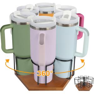 Stanley Cup Organizer for 40 oz Tumbler with Handle, Rotatable Water Bottle Holder, Bamboo Wood Base, 6 Non-Slip Pads, Compatible with Stanley, Yeti, Owala Bottles