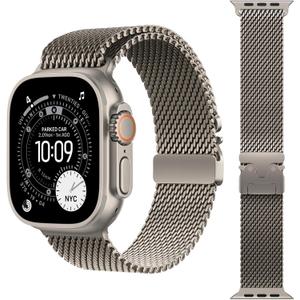 Titanium Milanese Loop Band Compatible with Apple Watch Bands Ultra 3/2/1 49mm 46mm 45mm 44mm for Men Women, Parachute-style Buckle Metal Mesh Bracelet Strap for iWatch Series 11 10 SE 9 8 7 6 5 4