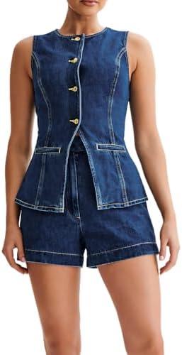 Womens Denim 2 Piece Set Sleeveless Button Down Vest Tops Short Pants Suit Sets L