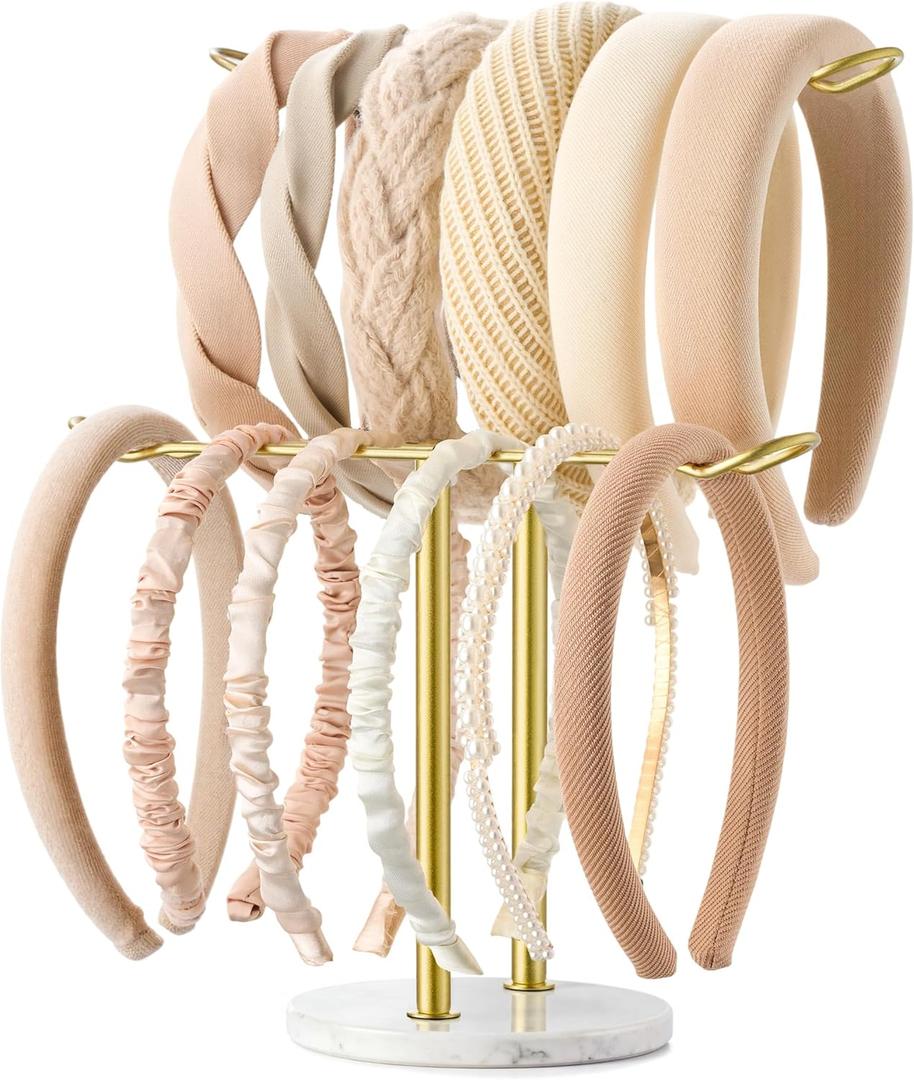 Headband Holder Organizer Two-Tier with Marble Base: Jewelry Display for Women, Hair Accessories Storage Stand Scrunchie Necklace rack for Girls, for Bathroom, Vanity, Dresser, Gold