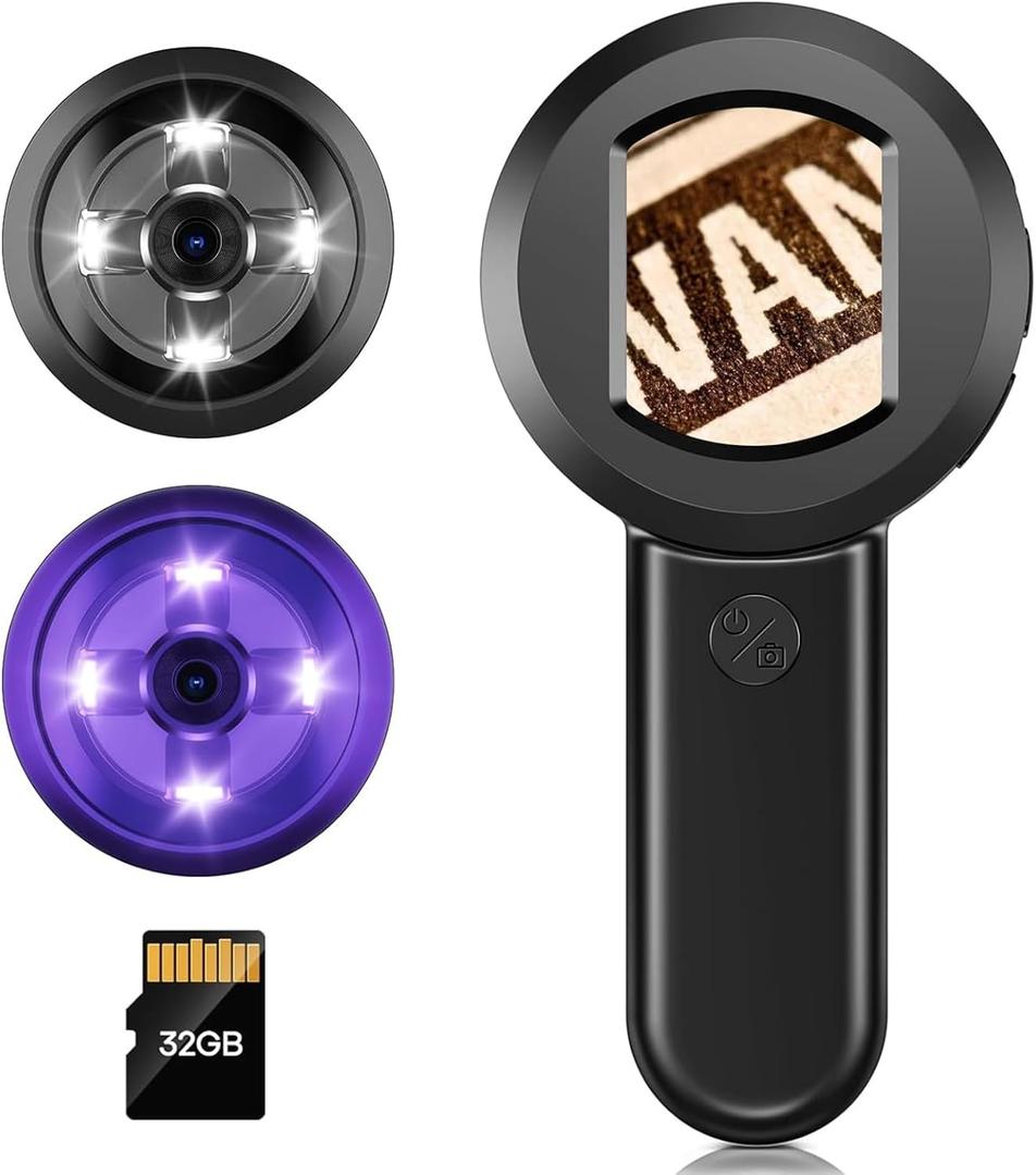 Leipan 100X Magnifying Glass for Reading, Digital Magnifier with 2inch Screen, Coin Magnifier with White/ Purple Lights, Compatible with Windows/ Mac, Include 32GB Card