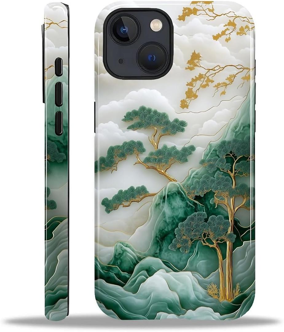 Compatible with iPhone 15 Case,Hybrid 2-Layer Hard Shell Silicone Case - Mountain Tree Landscape - Scratch Resistant Shockproof Cover