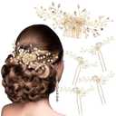 ULTIMUTE Hair Comb and 4 Pins Bridal Hair Accessories, Pearl Crystal Rhinestone Wedding Hair Comb and Hair Pins for Brides Bridesmaids Women Girls (Gold, 5 Pieces)