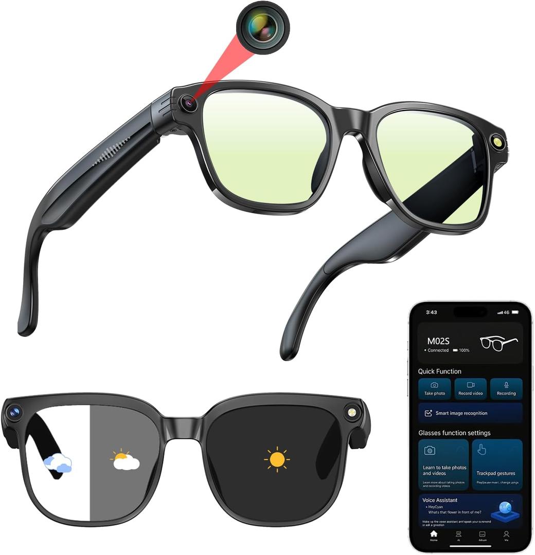 Smart Glasses with HD Camera: AI Recognition,Video Recording,Intelligent Image Stabilization,Real-Time Translation,Voice Assistant ,Open-Ear Audio  Travel,Meetings, Vlogging (Color Changing Lenses)