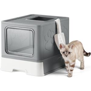 Enclosed Cat Litter Box, Large Litter Box for Big Cats, Covered Kitty Litter Boxes with Lid, Top Entry Cat Box Enclosure with Scoop, Odor Control, Easy to Clean(Grey)