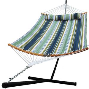 Hammock with 12.8 Feet Stand & Curved Bamboo Spreader Bar Double Hammocks 2 Person Heavy Duty Max 450lbs Capacity, Navy Blue&Aqua