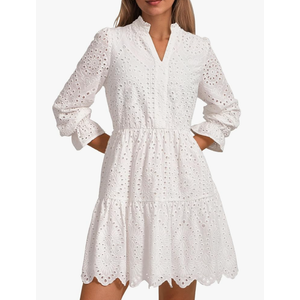 PRETTYGARDEN Women's Spring 2025 Long Puff Sleeve Mini Dress Hollow Out Lace V Neck A Line Ruffle Casual Party Dresses, S