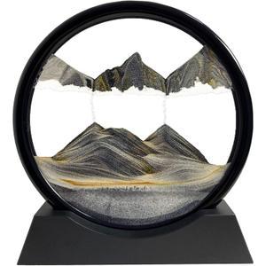 Moving Sand Art Picture - Sand Art Liquid Motion 3D Deep Sea Sandscape, Round Glass Frame Display Flowing Sand Relaxing Toy for Desktop Home Office Work Ocean Decor(Black, 7")
