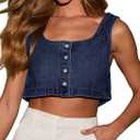 Women Tank Tops Button Denim Crop Blouses Sleeveless Cami Shirts, Size S
