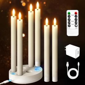 Verdenu Rechargeable Flameless Taper Candles with Charging Station, 6 Pack Real Waxy LED Operated Candlesticks Flickering with Remote Timer Button Battery and Adapter for Home Wedding Christmas Decor
