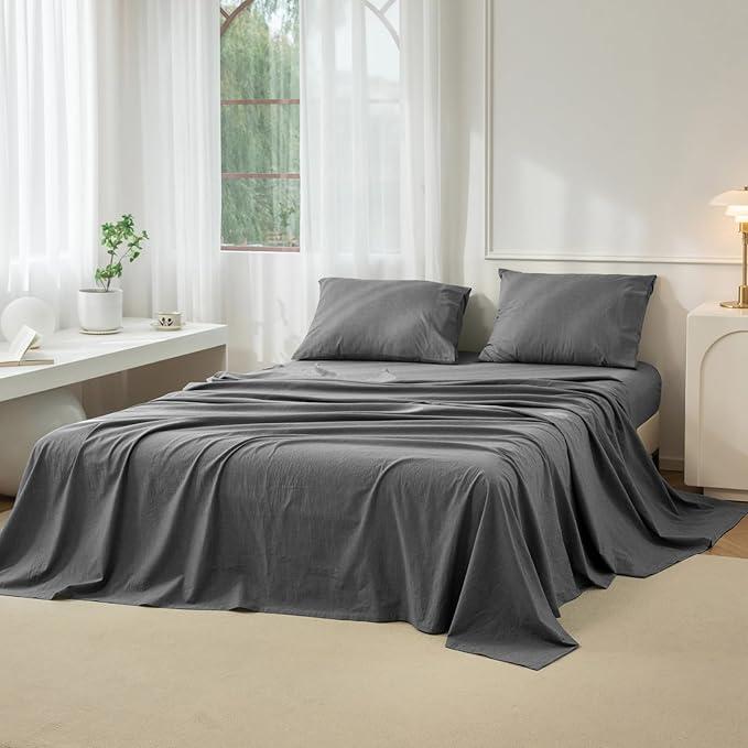JIYUAN 100% Washed Cotton Sheet Set 4 Pieces Queen, 1 Fitted Sheet, 1 Flat Sheet and 2 Pillowcases, Comfy and Breathable Linen Like Bedding Set
