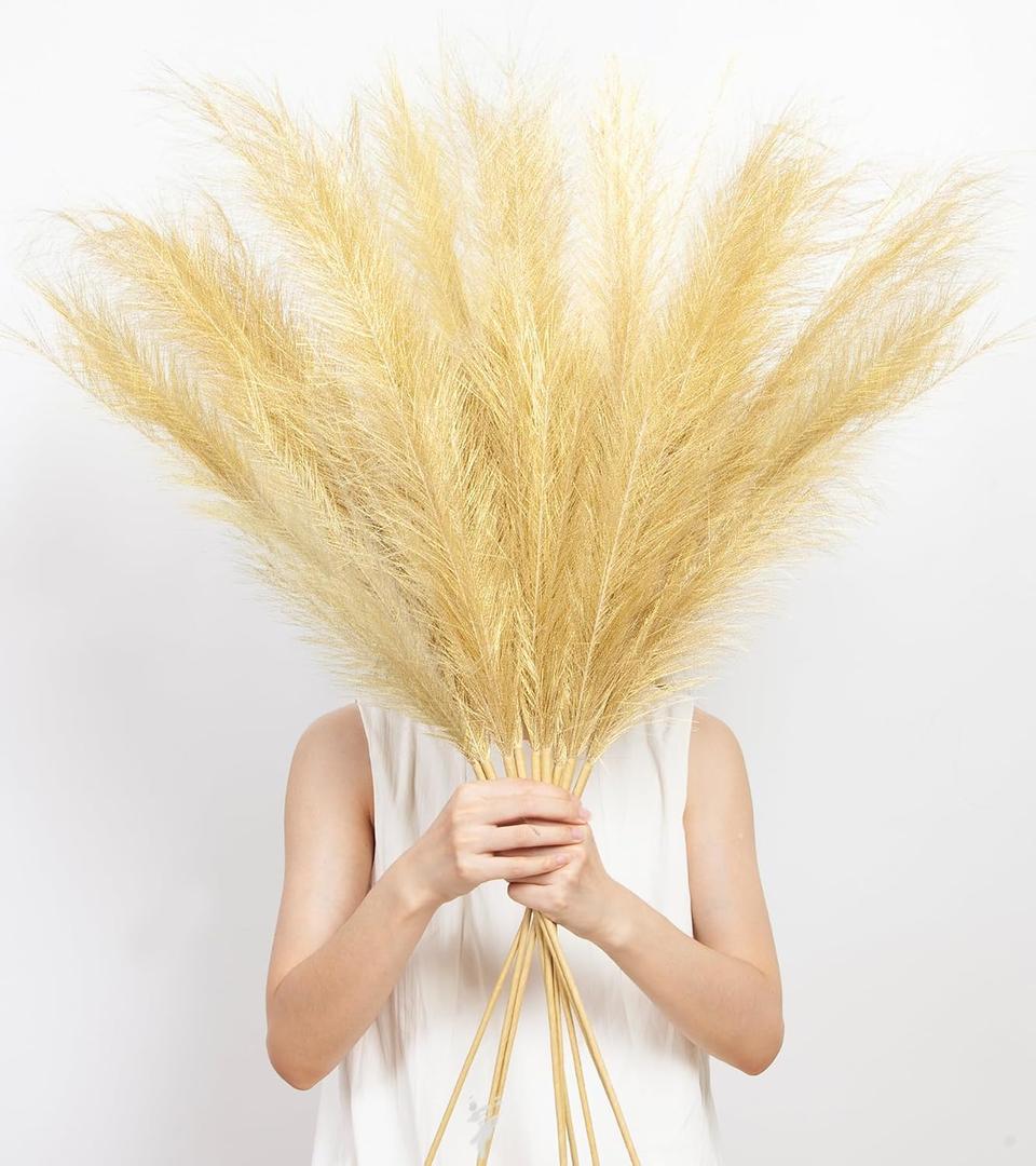 9 Pcs 45" Tall Pampas Grass Gold Decor, Long Stem Artificial Flower Floor Vase Large Faux Floral Pompas Fake Plants Dried Bouquet Arrangement Vase Filler for Boho Home Wedding Decoration